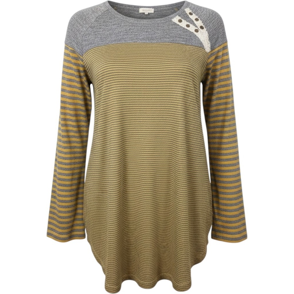 Hem & Thread Women Large Mustard Yellow Gray Striped Crochet Button Top